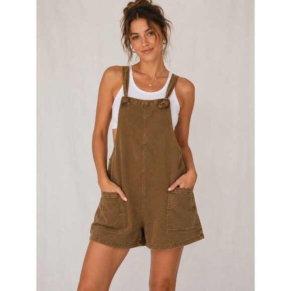 Zenana Outfitters Pants - NEW Zenana DMO-1869Y Washed Brown Overall Romper Shorts Utility Pockets L NWT